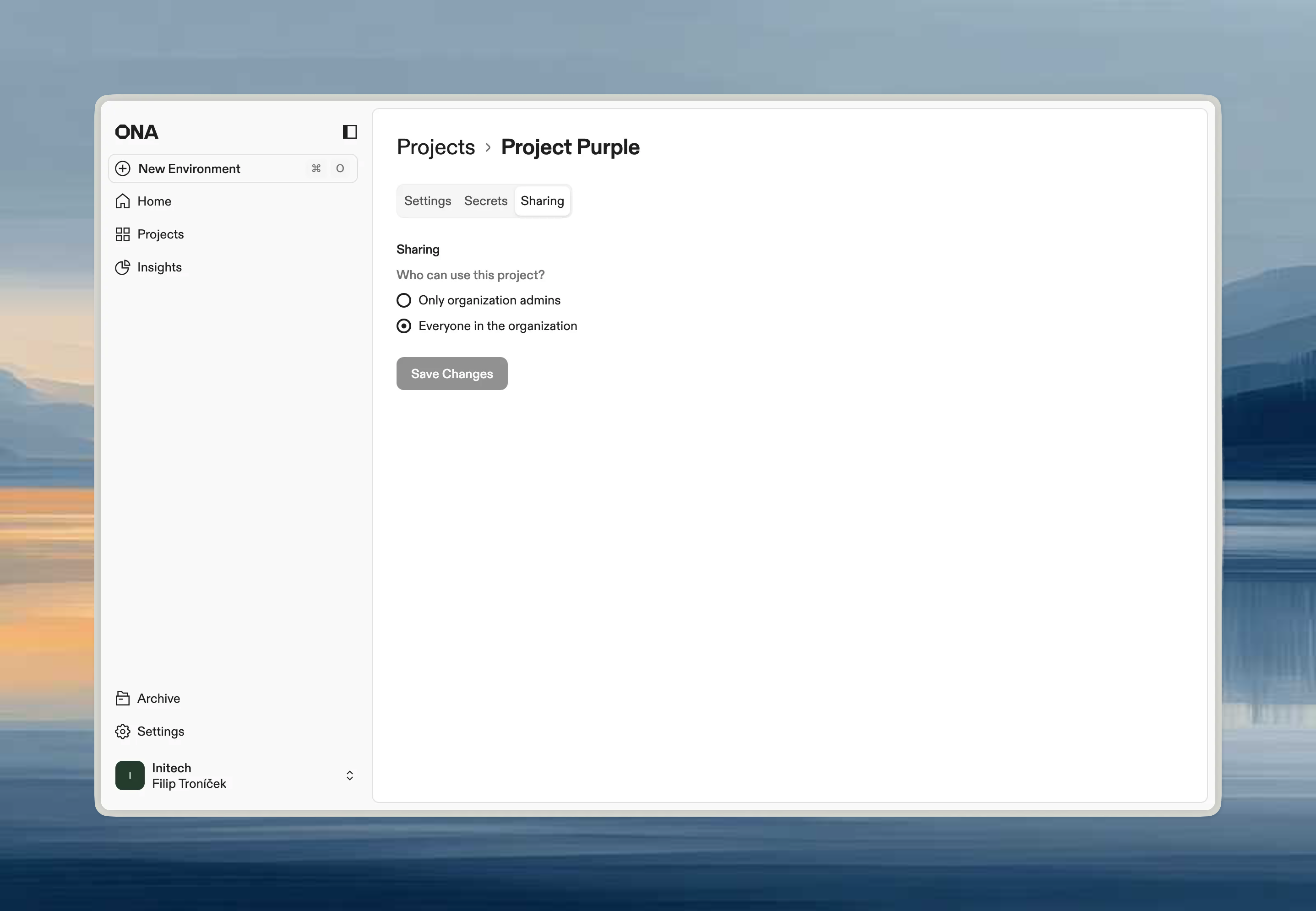 Project sharing settings showing visibility options for organization members or admins only