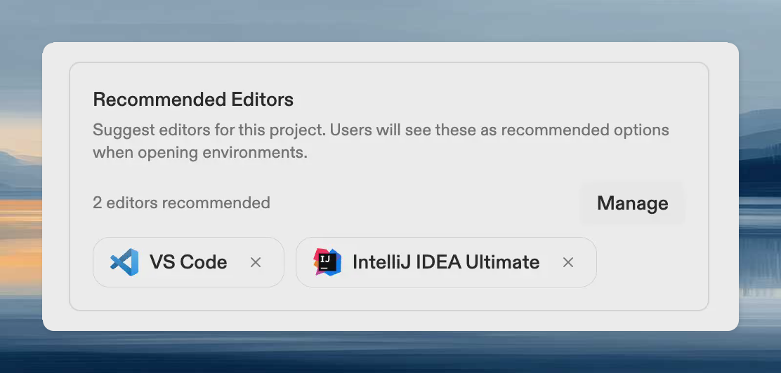Project settings page showing the Recommended Editors configuration section