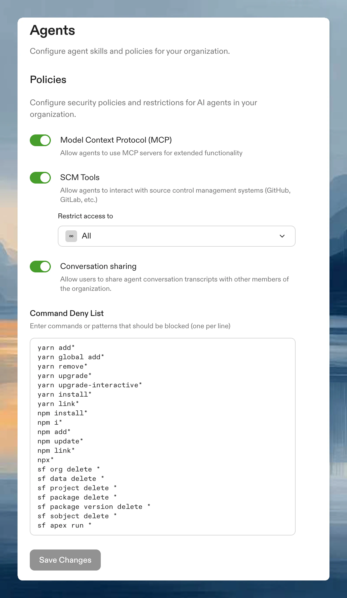 MCP controls toggle in organization settings showing the option to enable or disable MCP servers