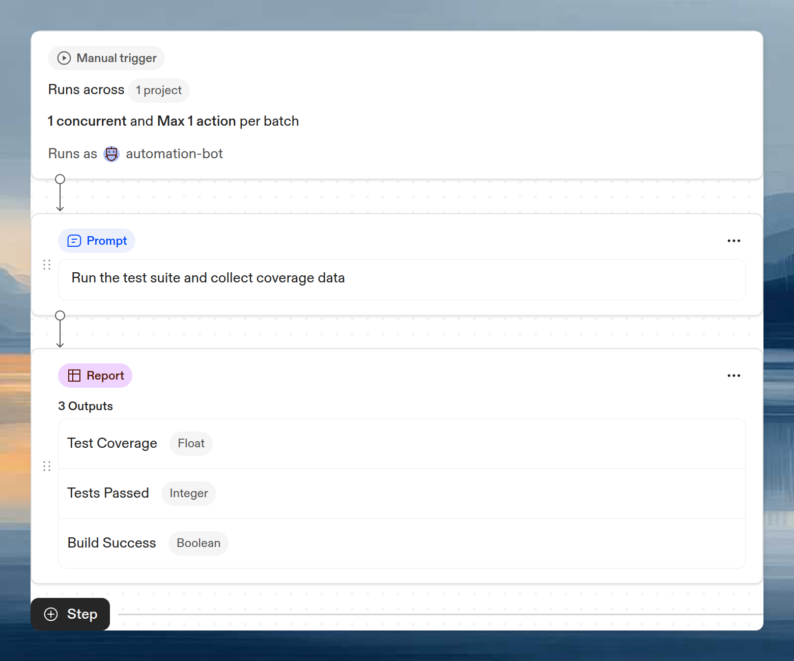 Automation workflow with a Report step showing three outputs
