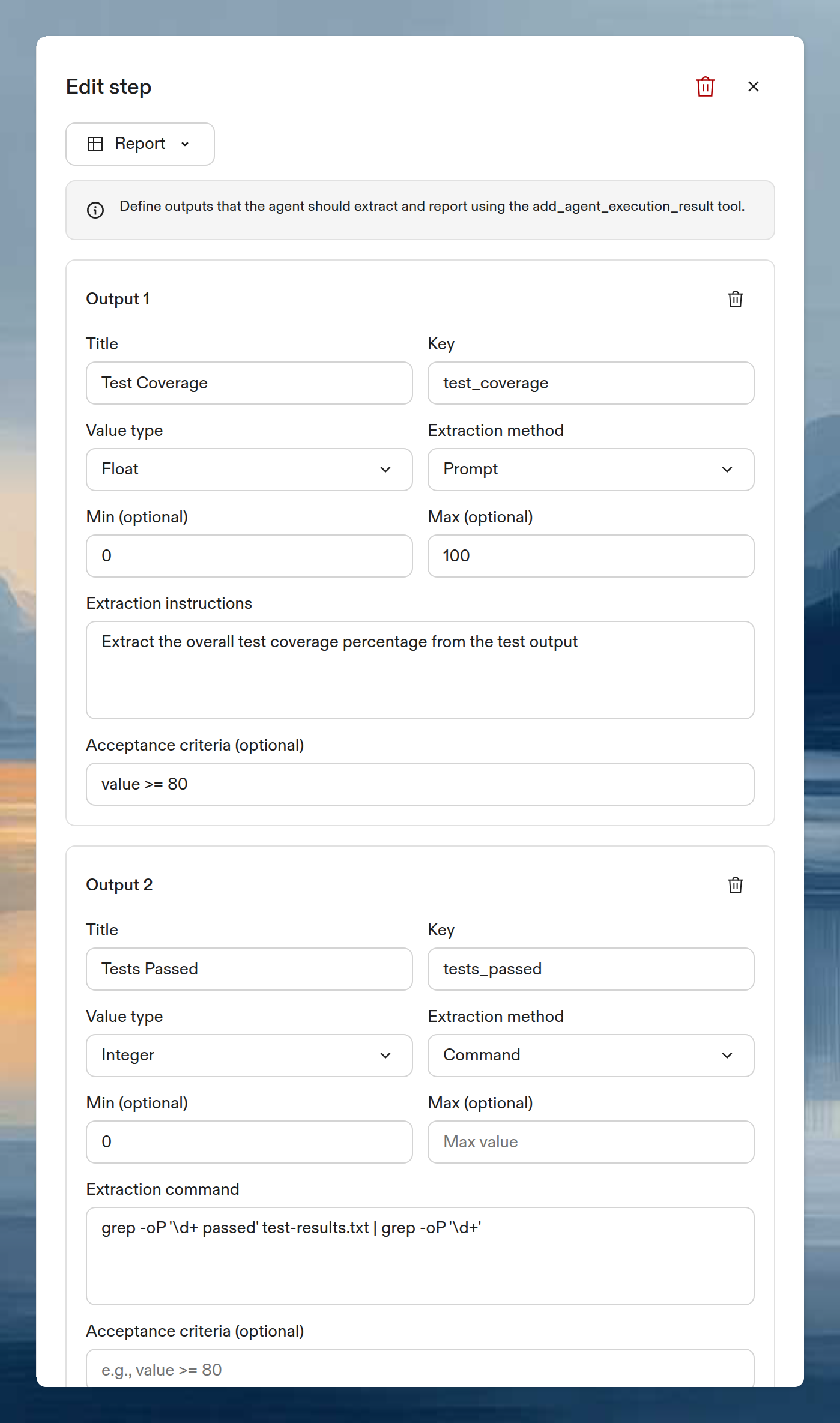 Report step editor with output configuration