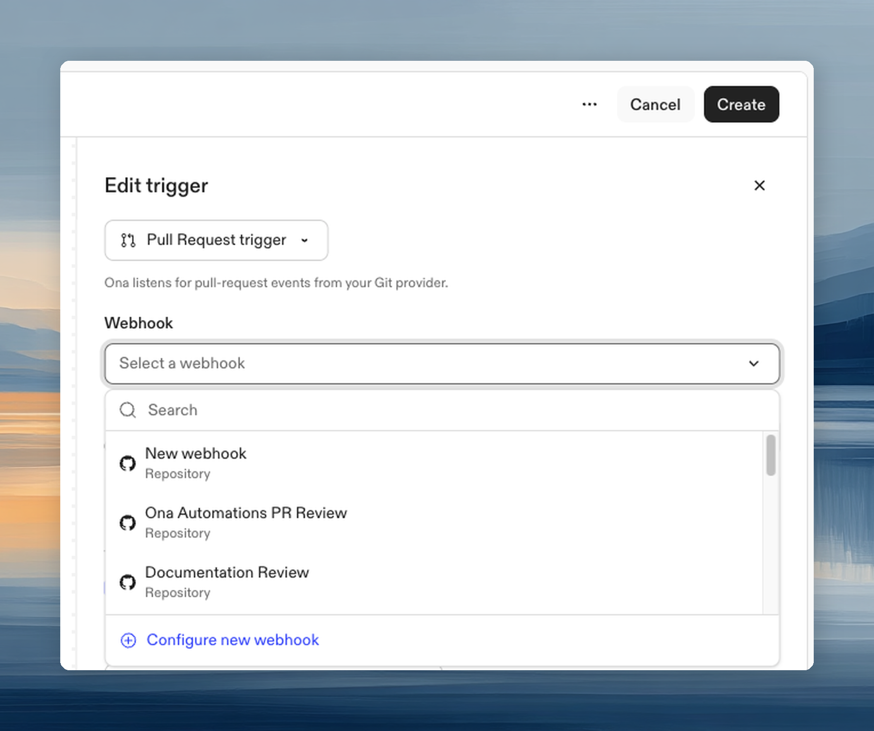 Webhook selector in pull request trigger configuration
