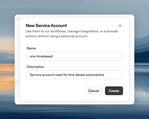 Service account creation form with name and description fields