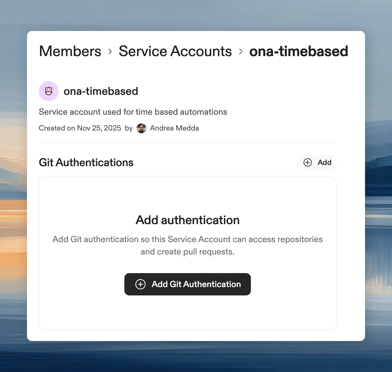 Git authentication setup showing environment class, provider selection, and PAT input fields