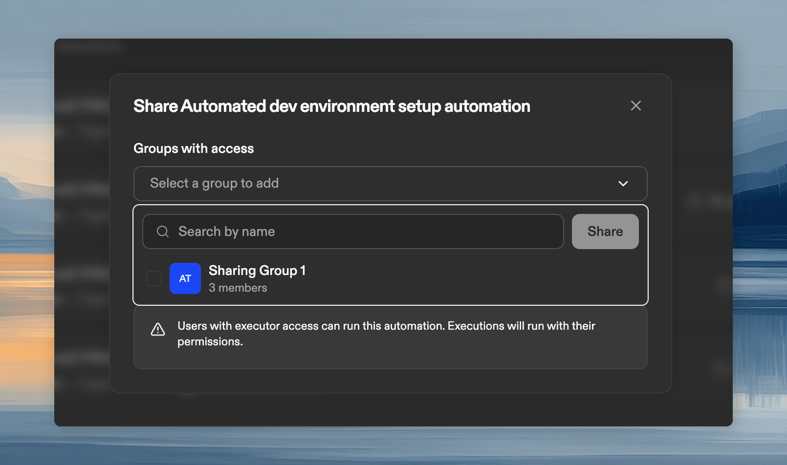 Share automation dialog with user and group selection