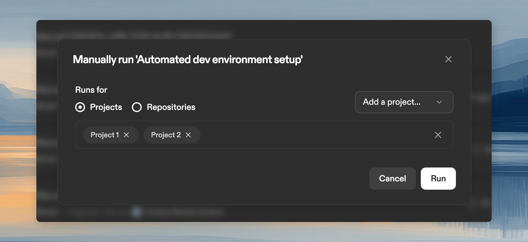 Shared automation view with Run button for executing on a selected repository