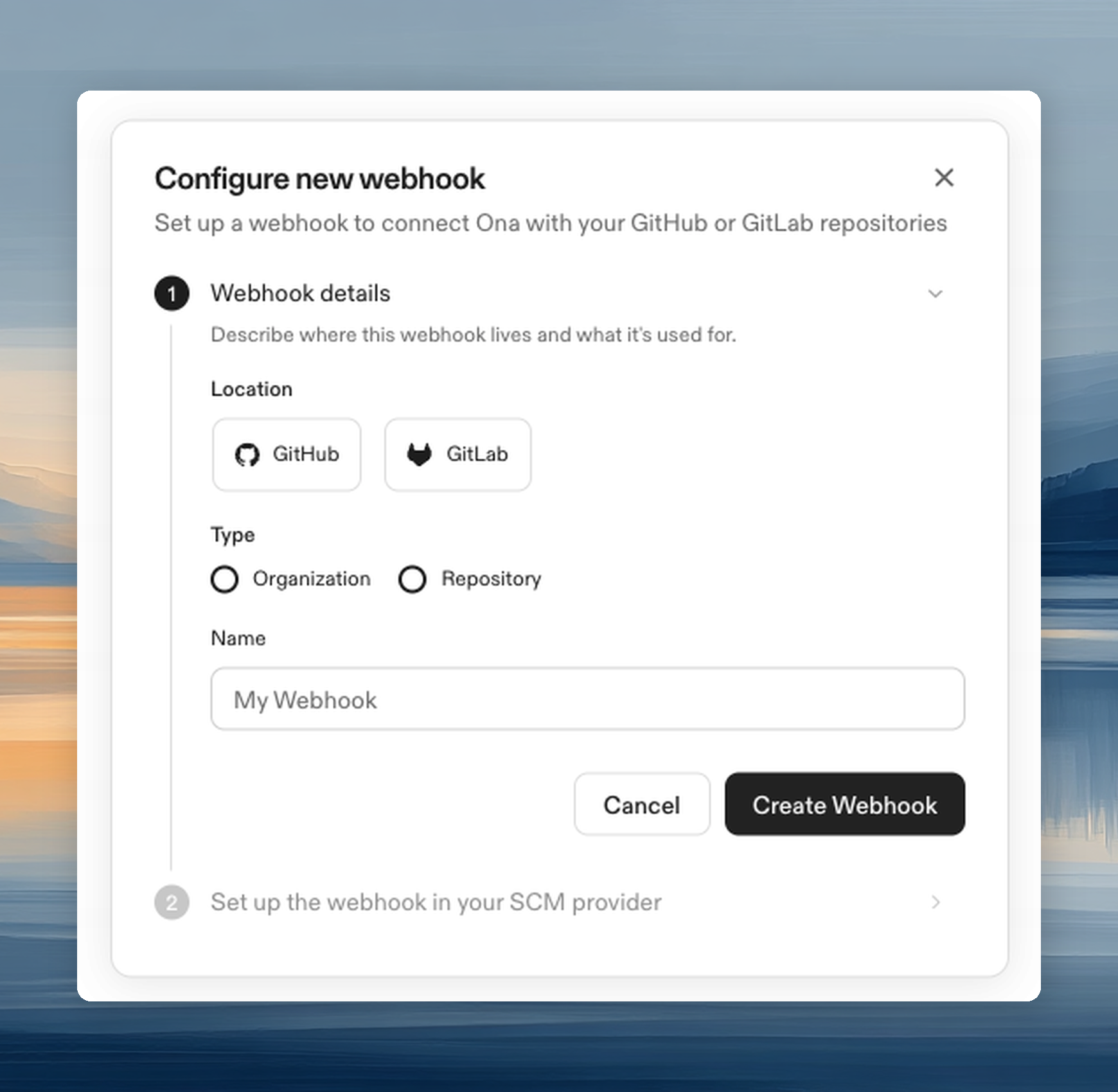 Create webhook dialog