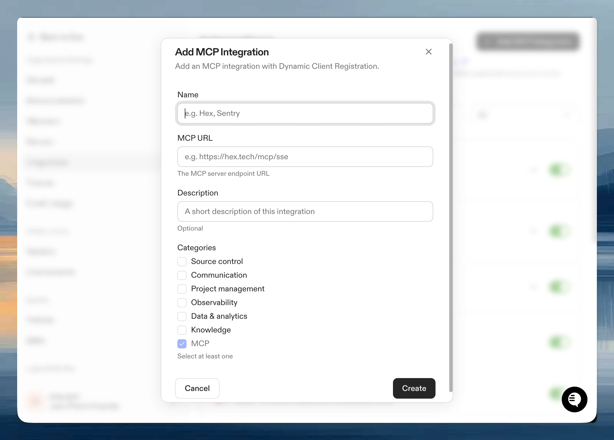 Add MCP Integration dialog with Name, MCP URL, and Description fields
