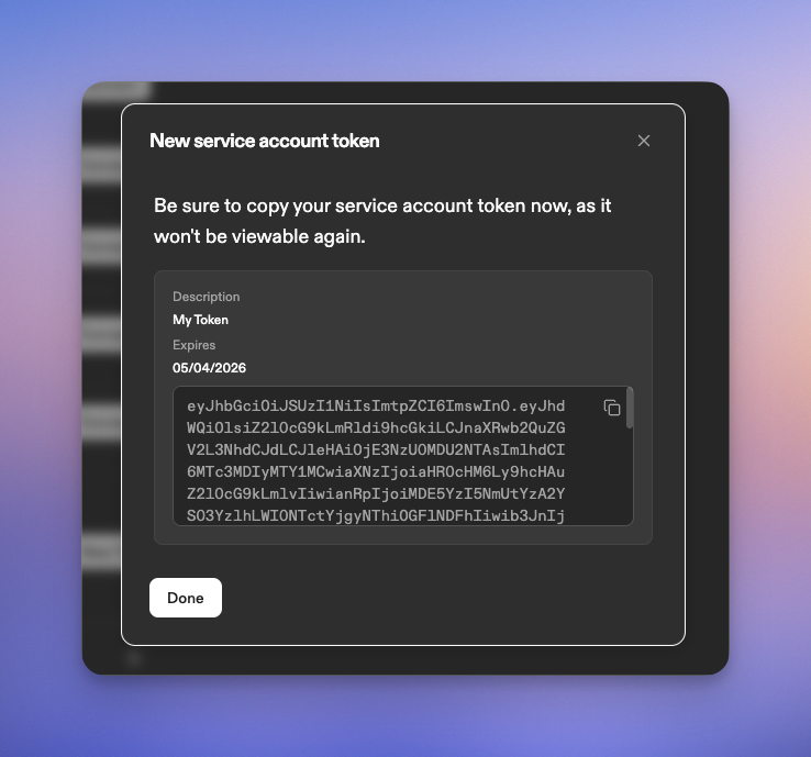 Token copy dialog showing the token value