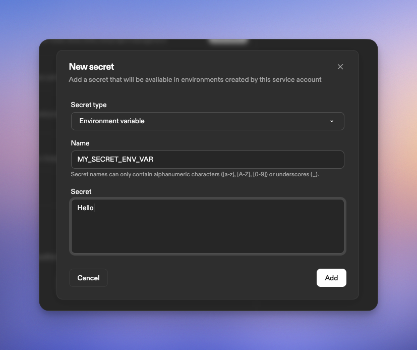 Service account secret creation dialog