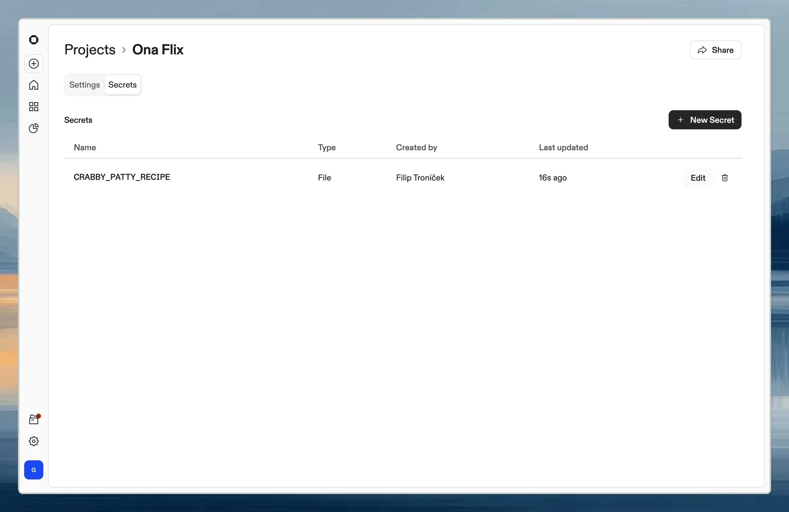 Project secrets page showing list of shared secrets with type and name columns