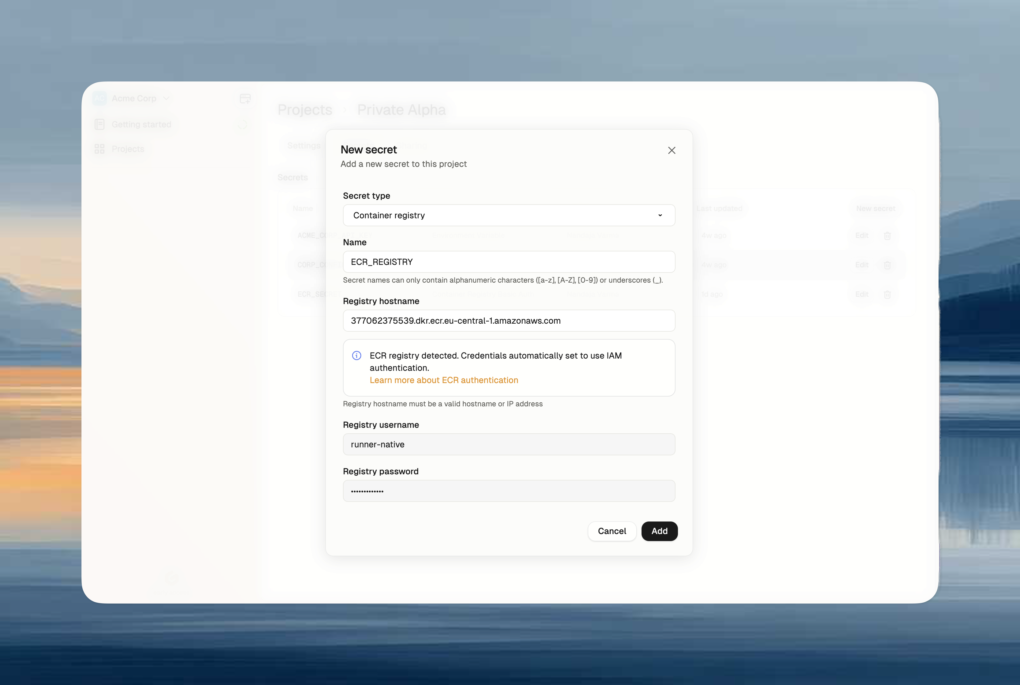 Container registry secret with ECR hostname and runner-native authentication pre-filled