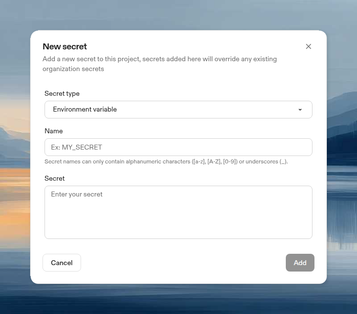 New secret dialog with Environment Variable type selected showing name and value fields