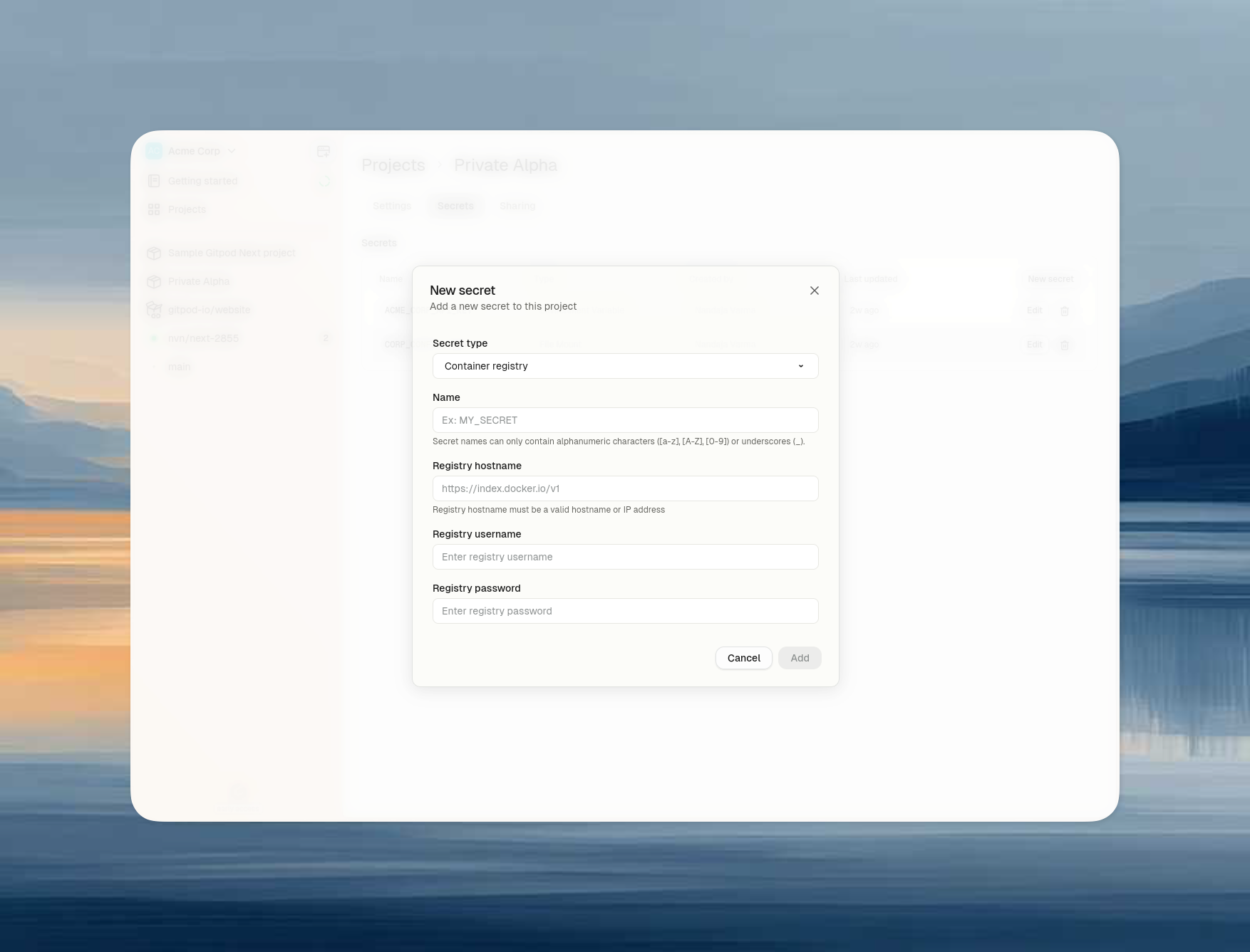 New secret dialog with Container Registry type showing hostname, username, and password fields