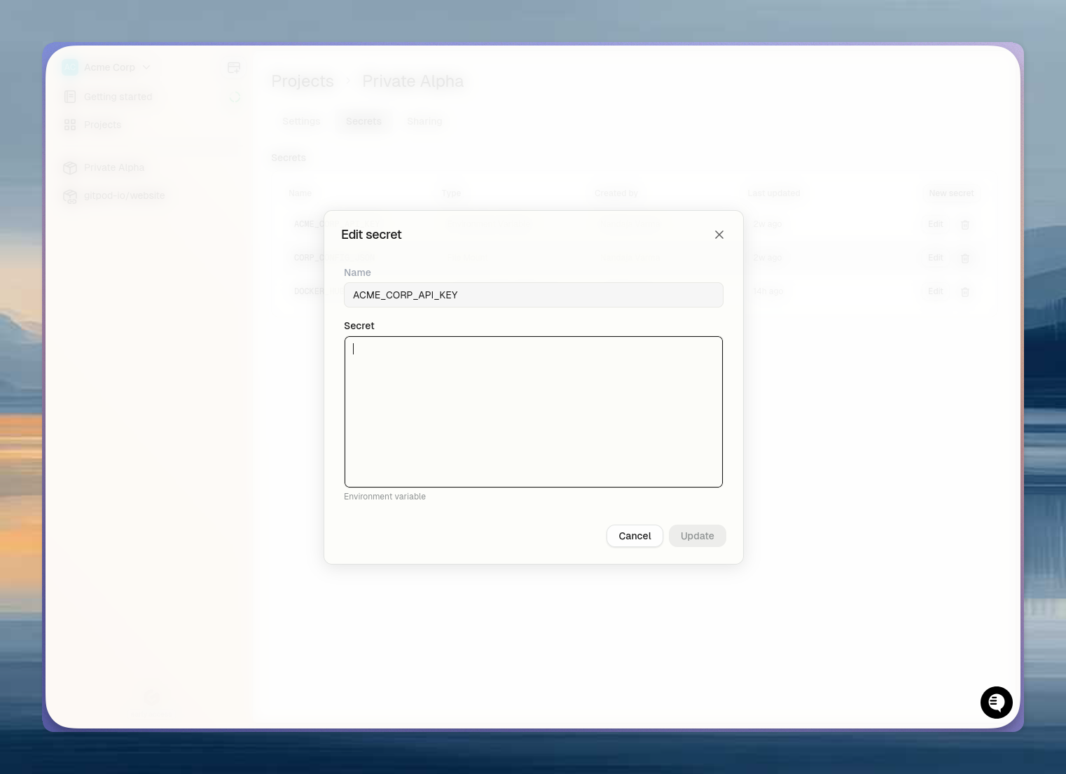 Edit secret dialog showing the value field ready to be updated