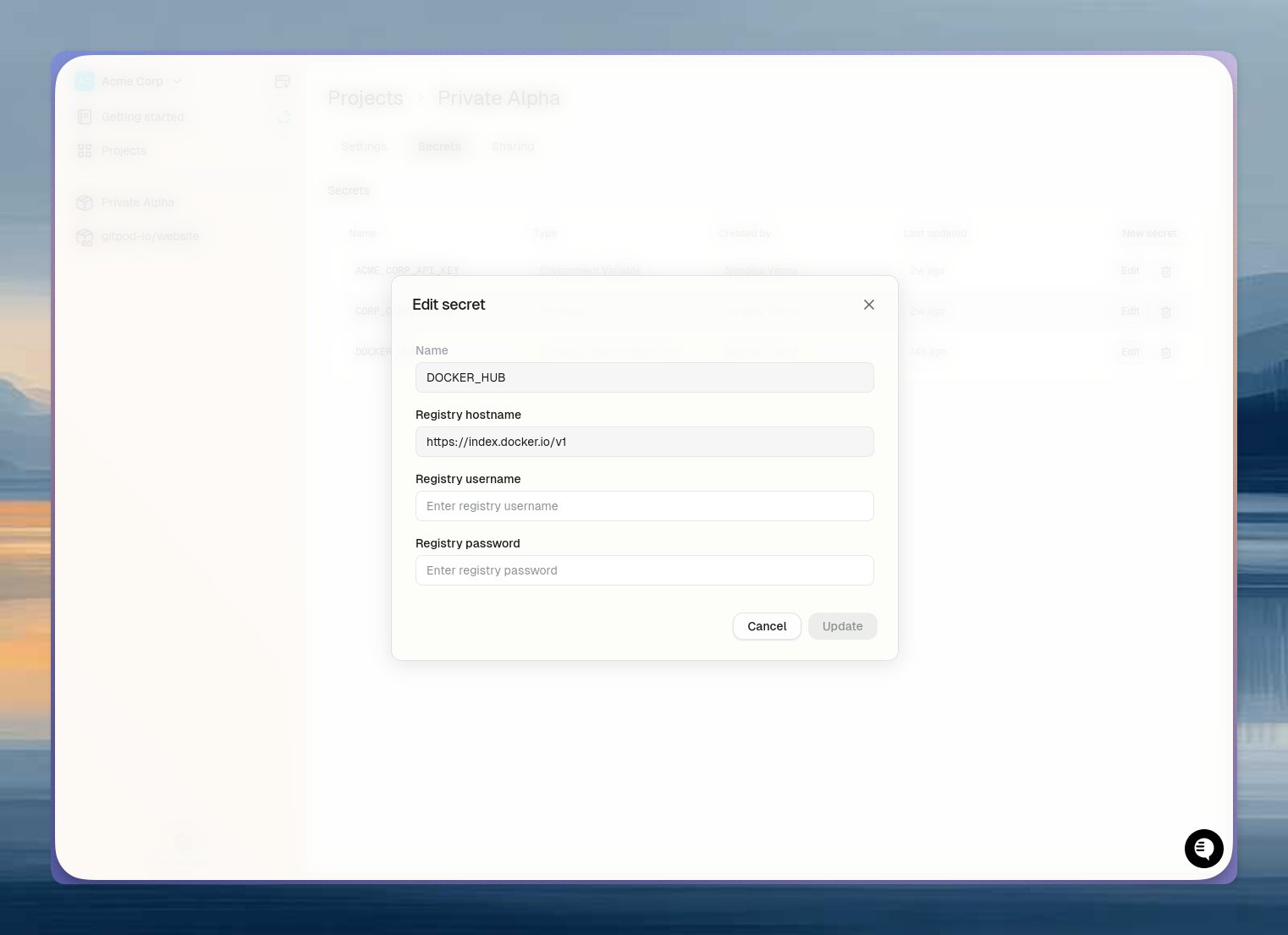 Edit container registry secret dialog with username and password fields