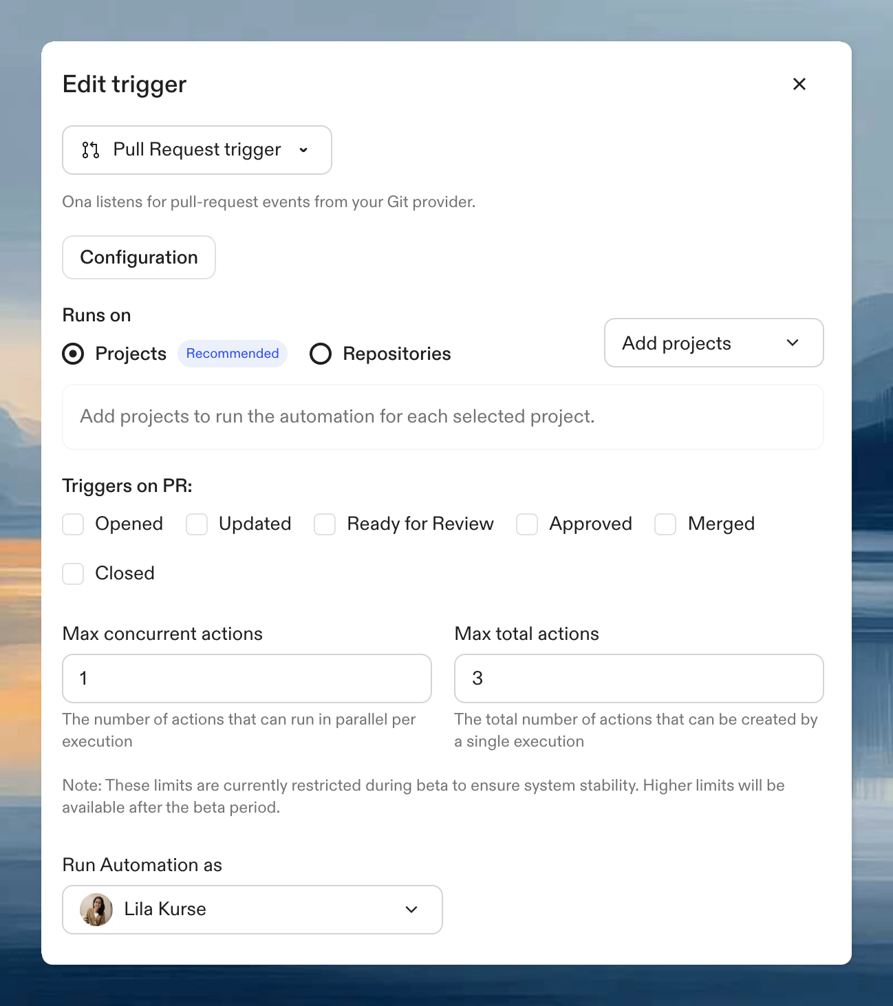 Pull request trigger configuration