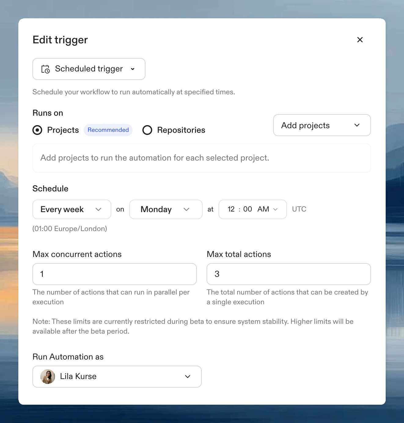Scheduled trigger configuration