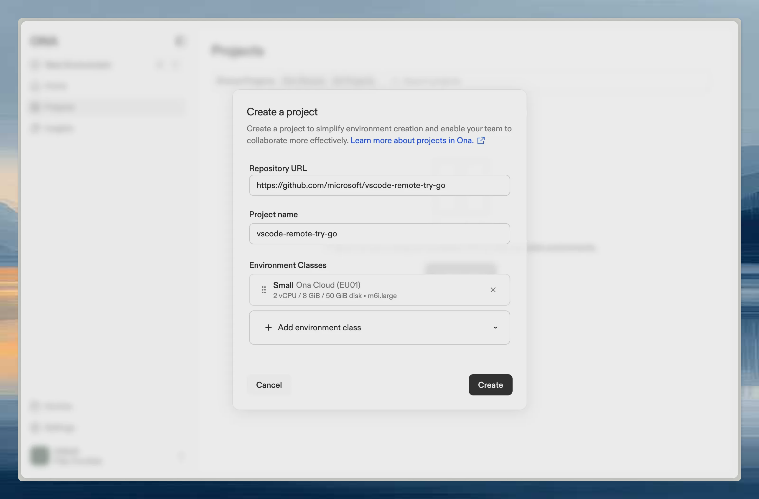 Project creation screen