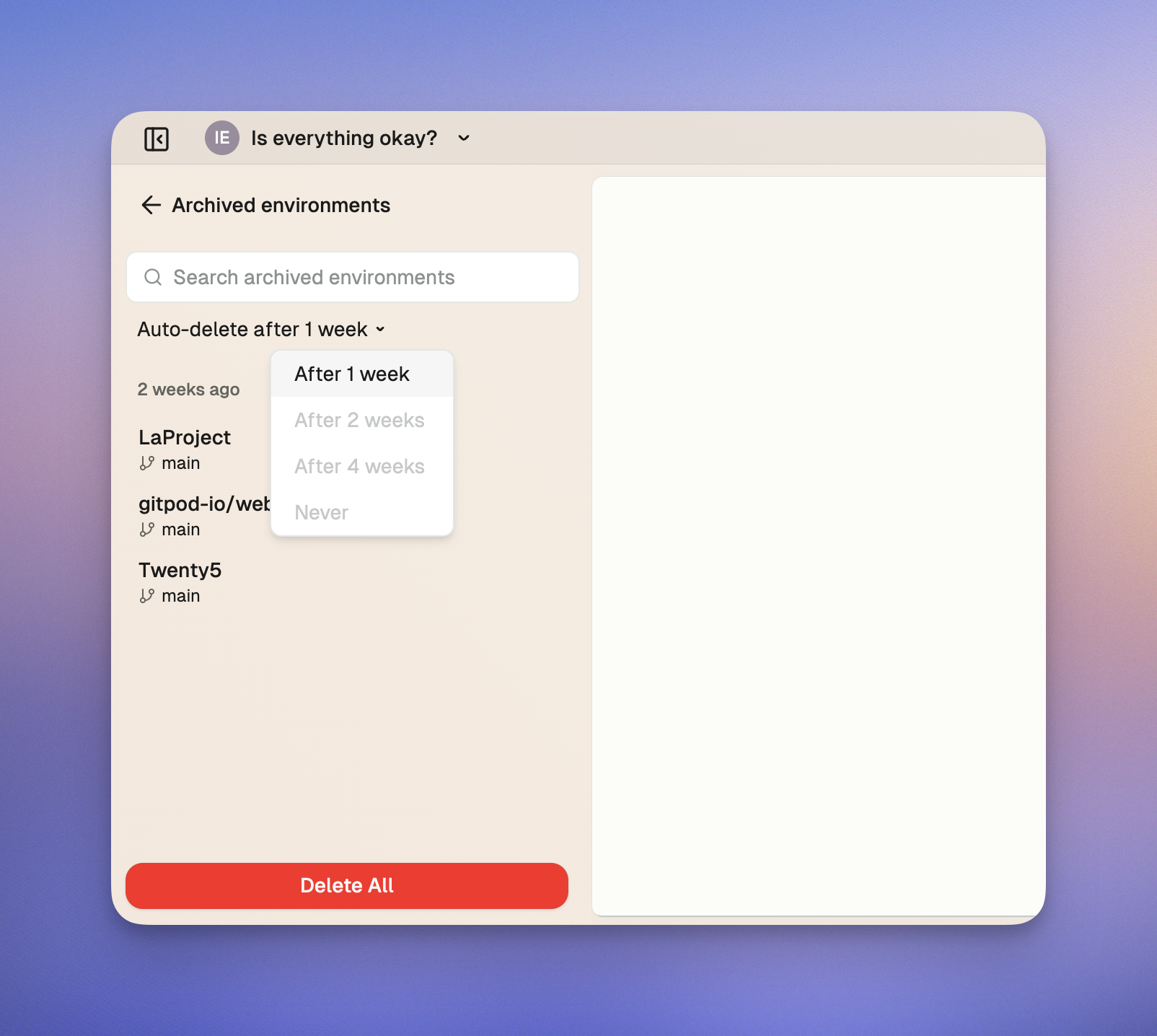 Auto-delete dropdown showing available options