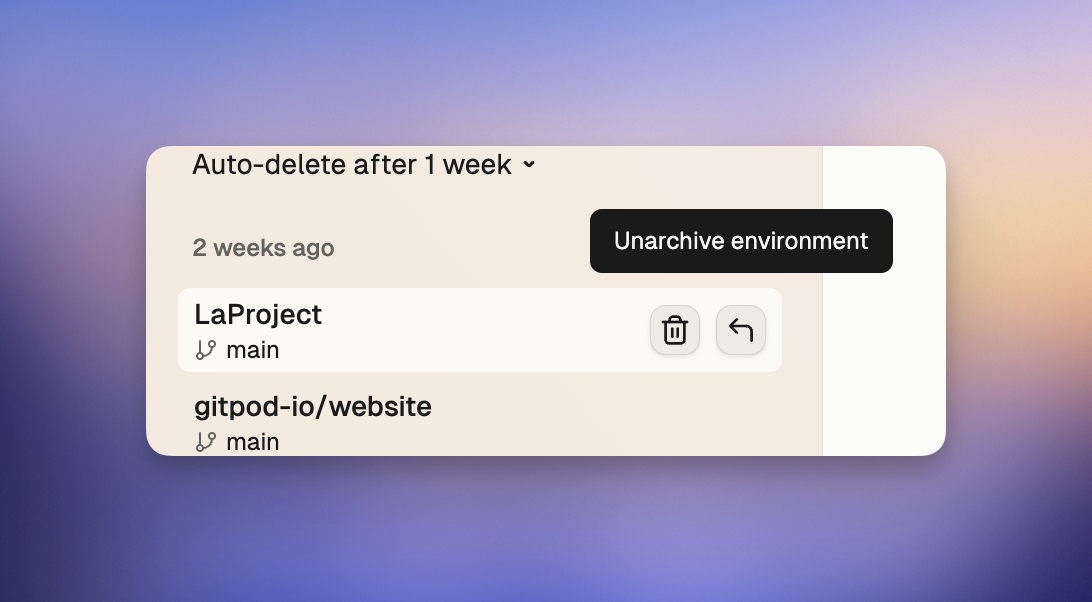 Archive view showing environment actions