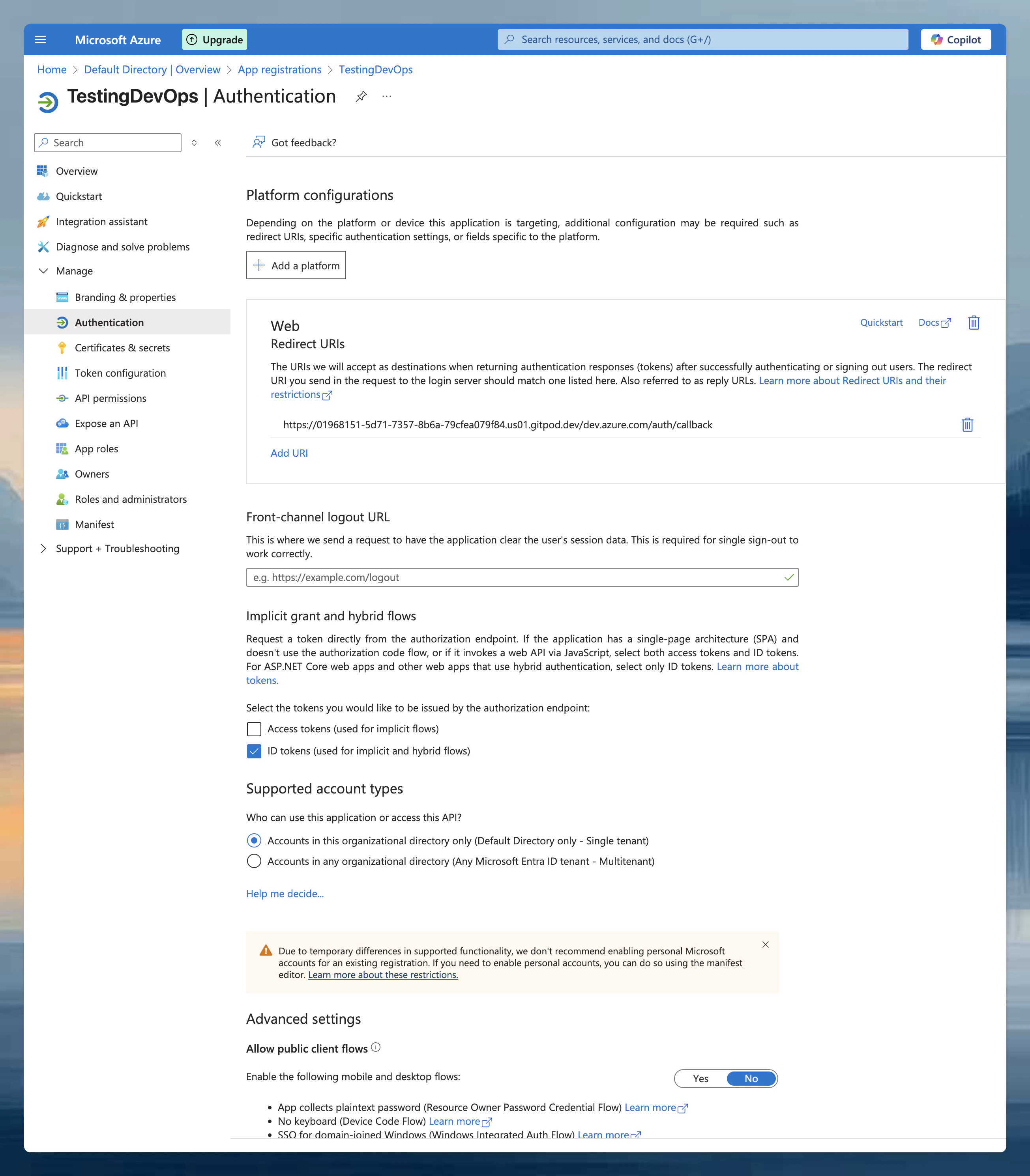 Microsoft Entra ID authentication settings showing Web platform with ID tokens enabled
