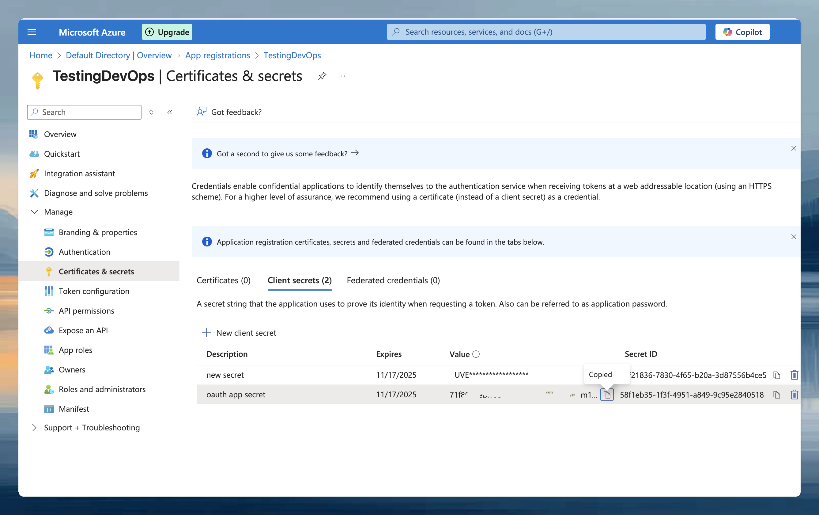 Microsoft Entra ID Certificates and secrets page for creating a new client secret
