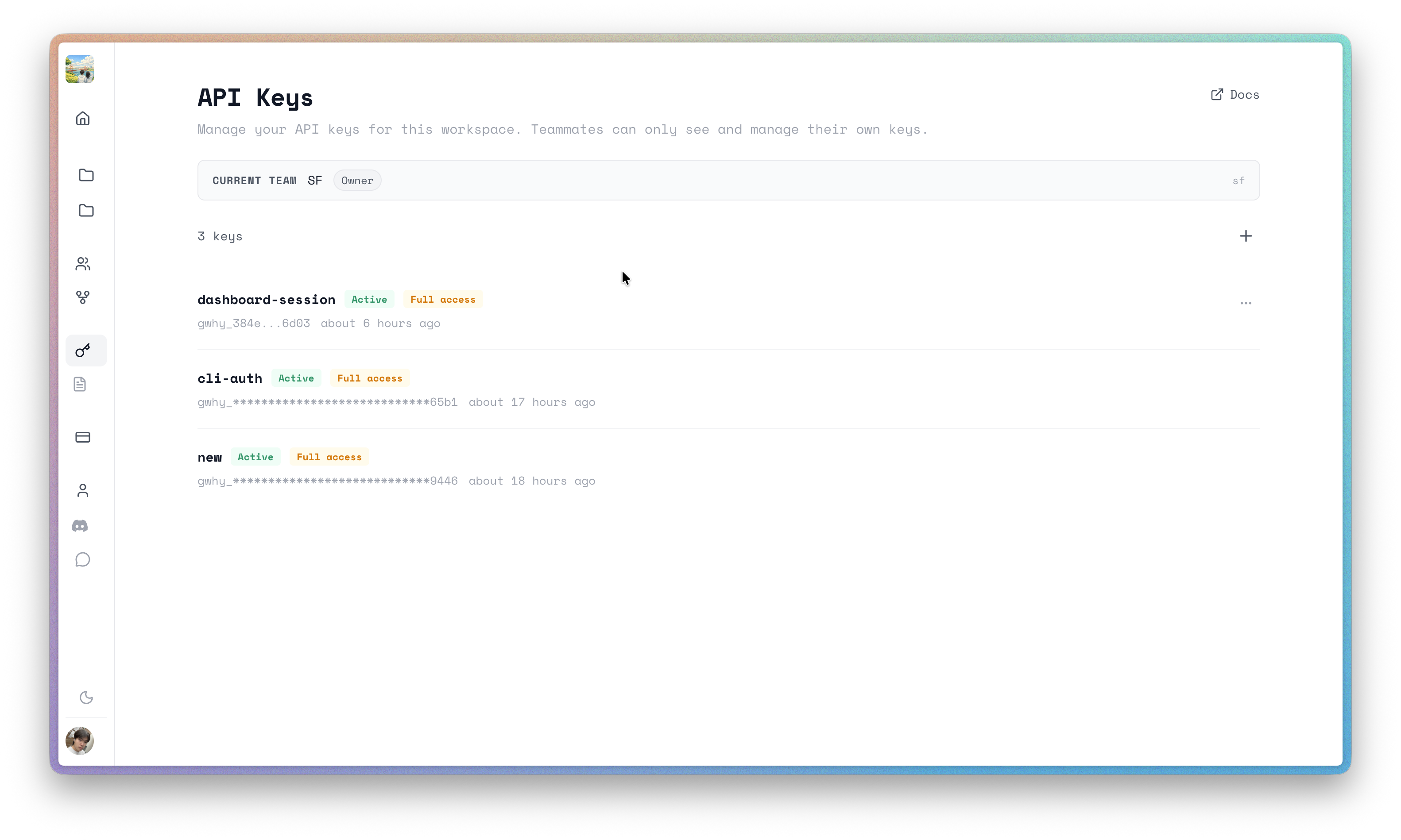 Dashboard API keys management page