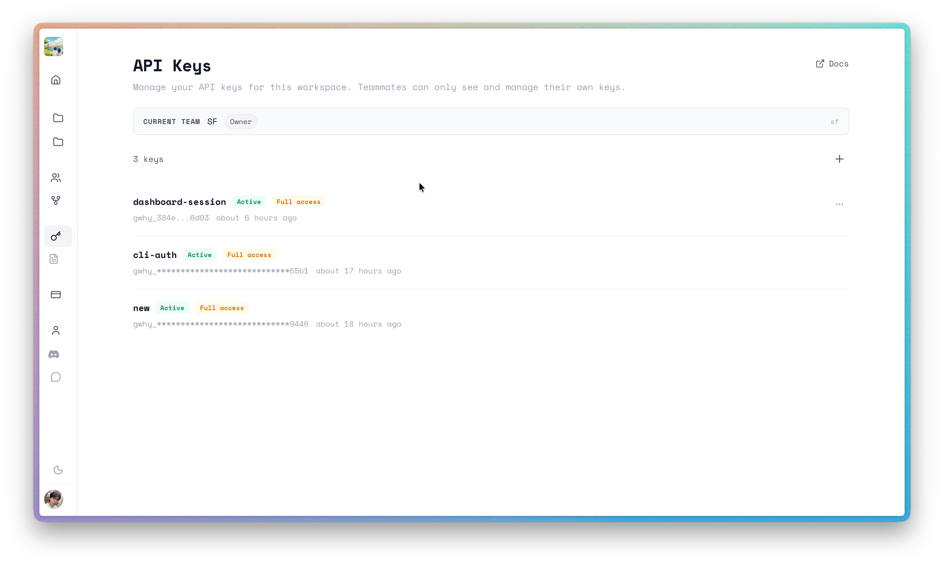 Dashboard API keys management page
