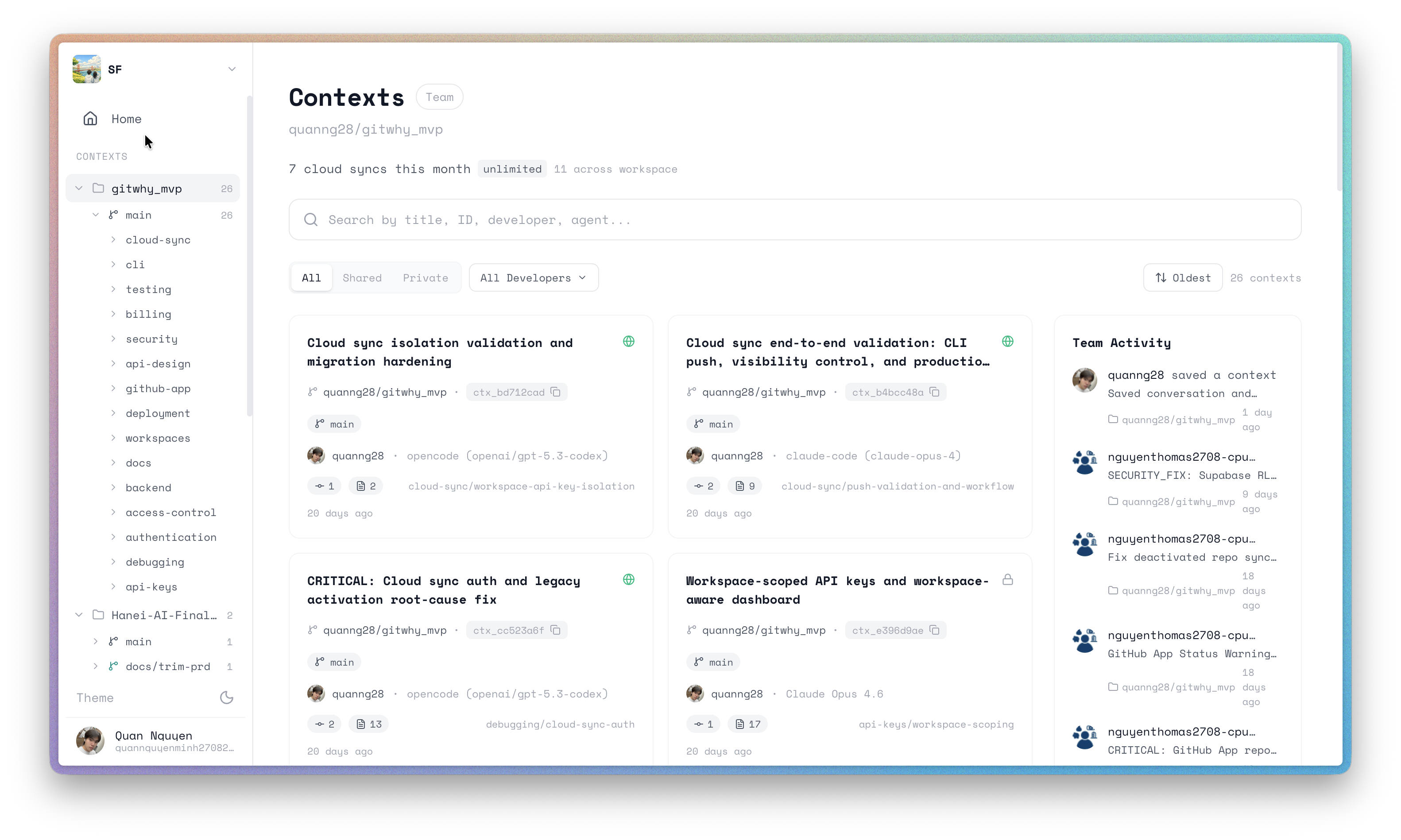 Dashboard showing shared team contexts organized by repo and domain