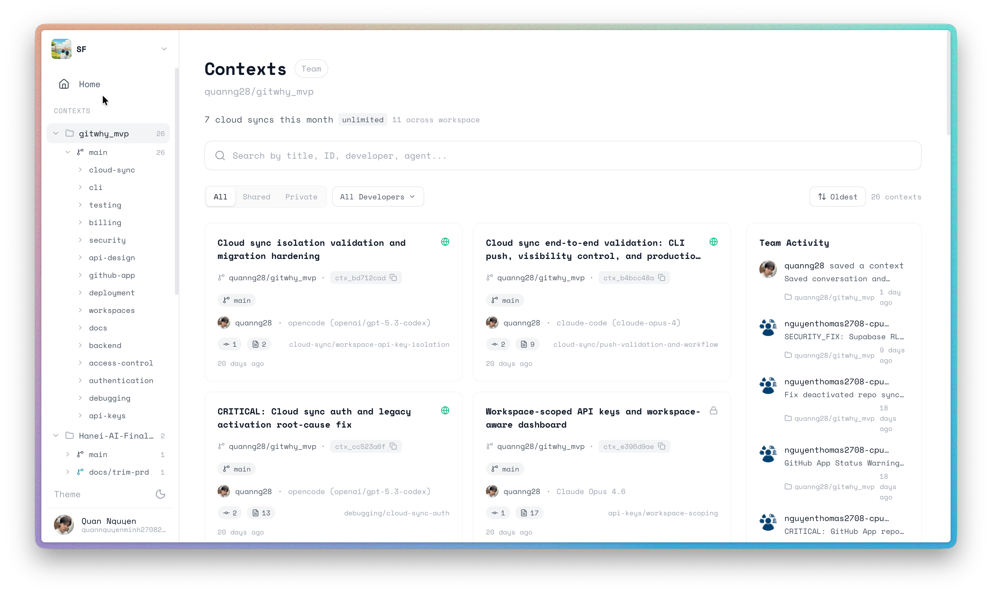 Dashboard showing shared team contexts organized by repo and domain