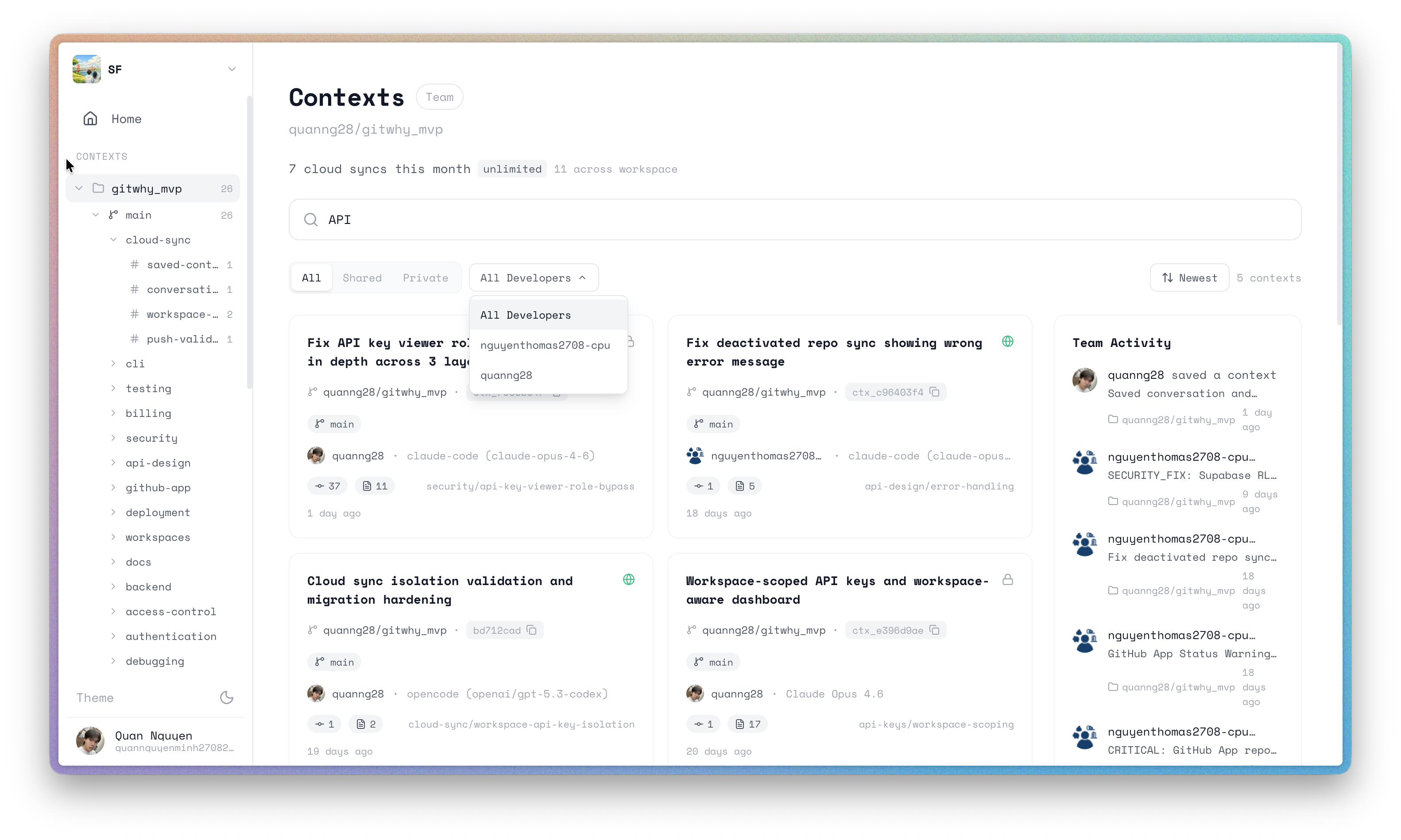 Dashboard context cards with search and filters