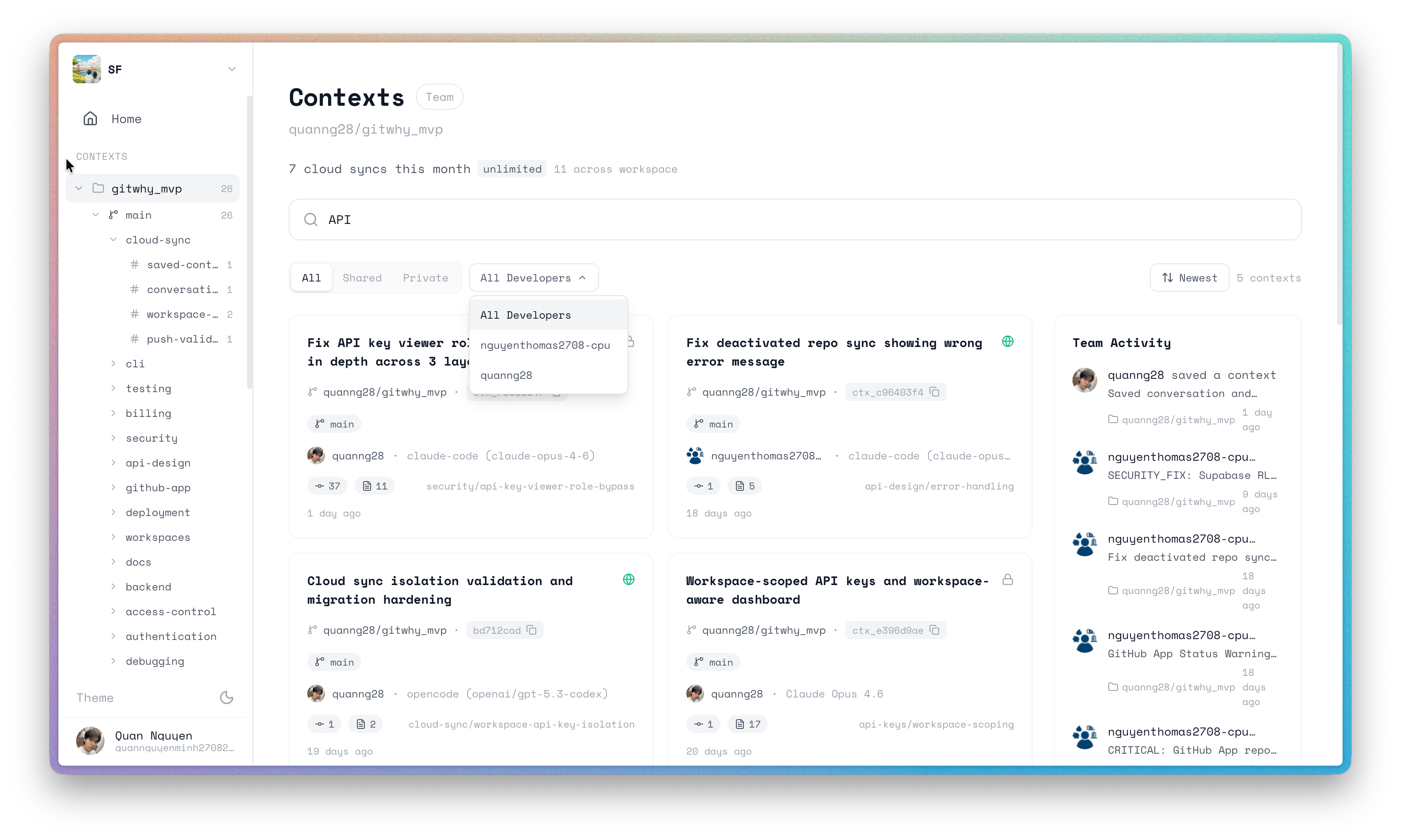 Dashboard context cards with search and filters