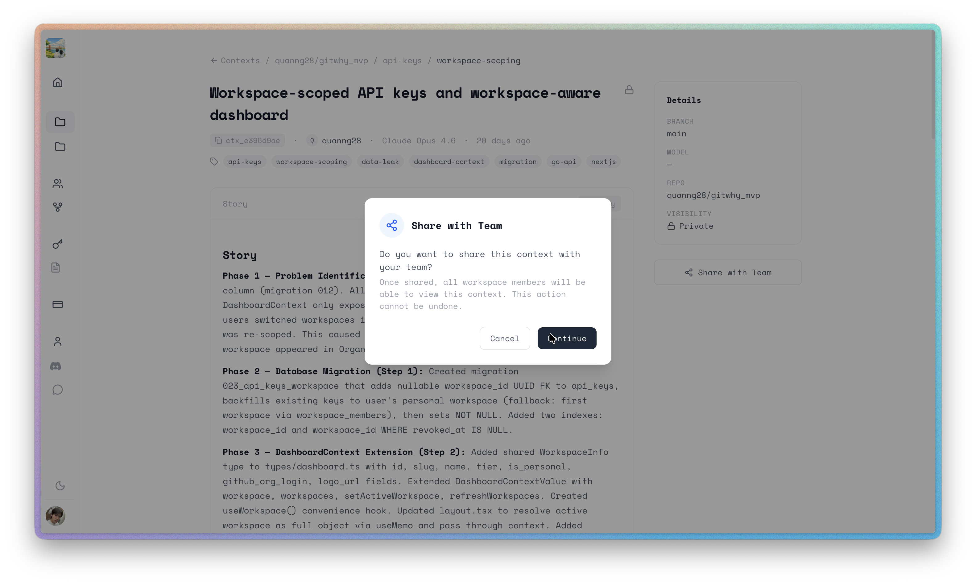 Dashboard share dialog on a private context