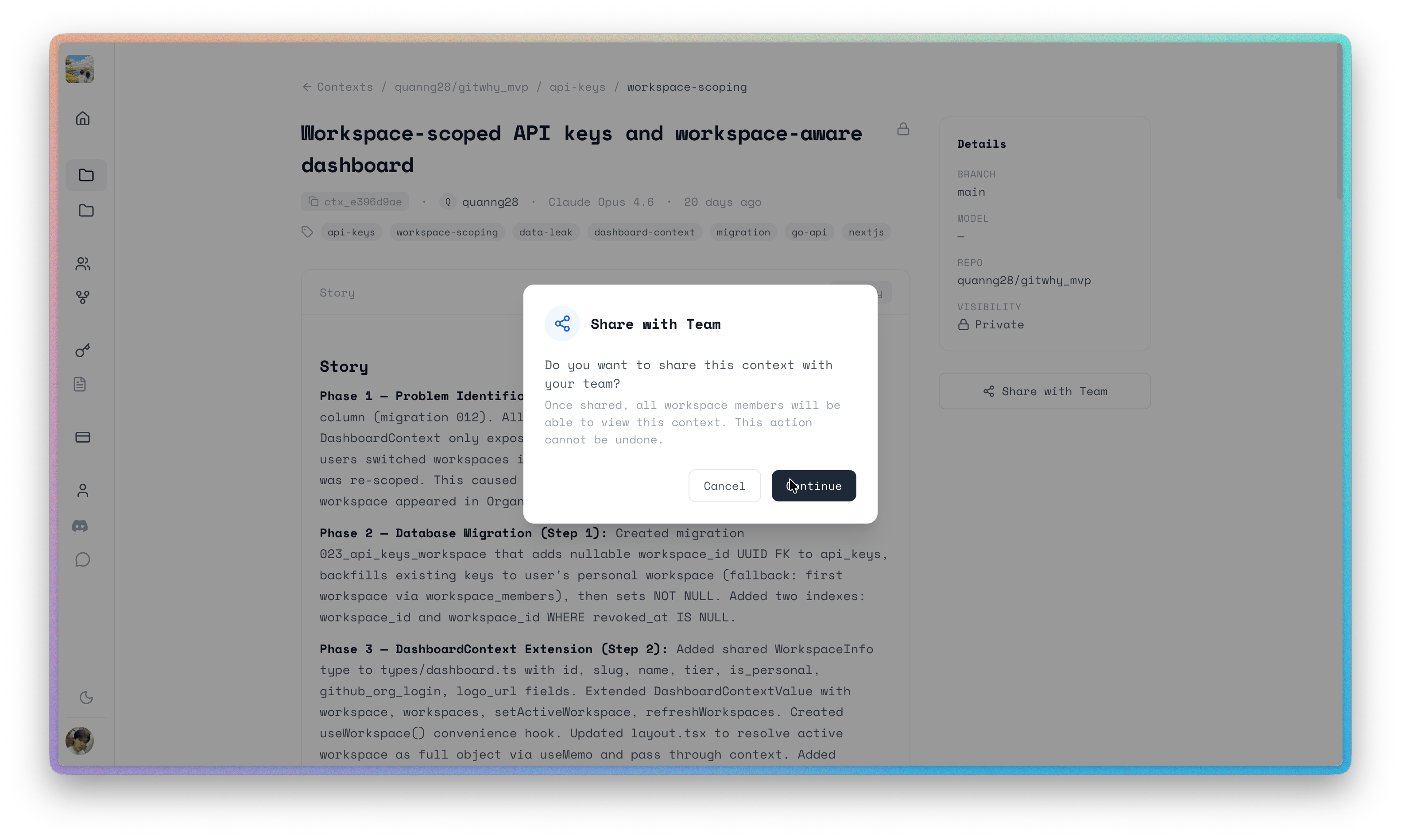 Dashboard share dialog on a private context