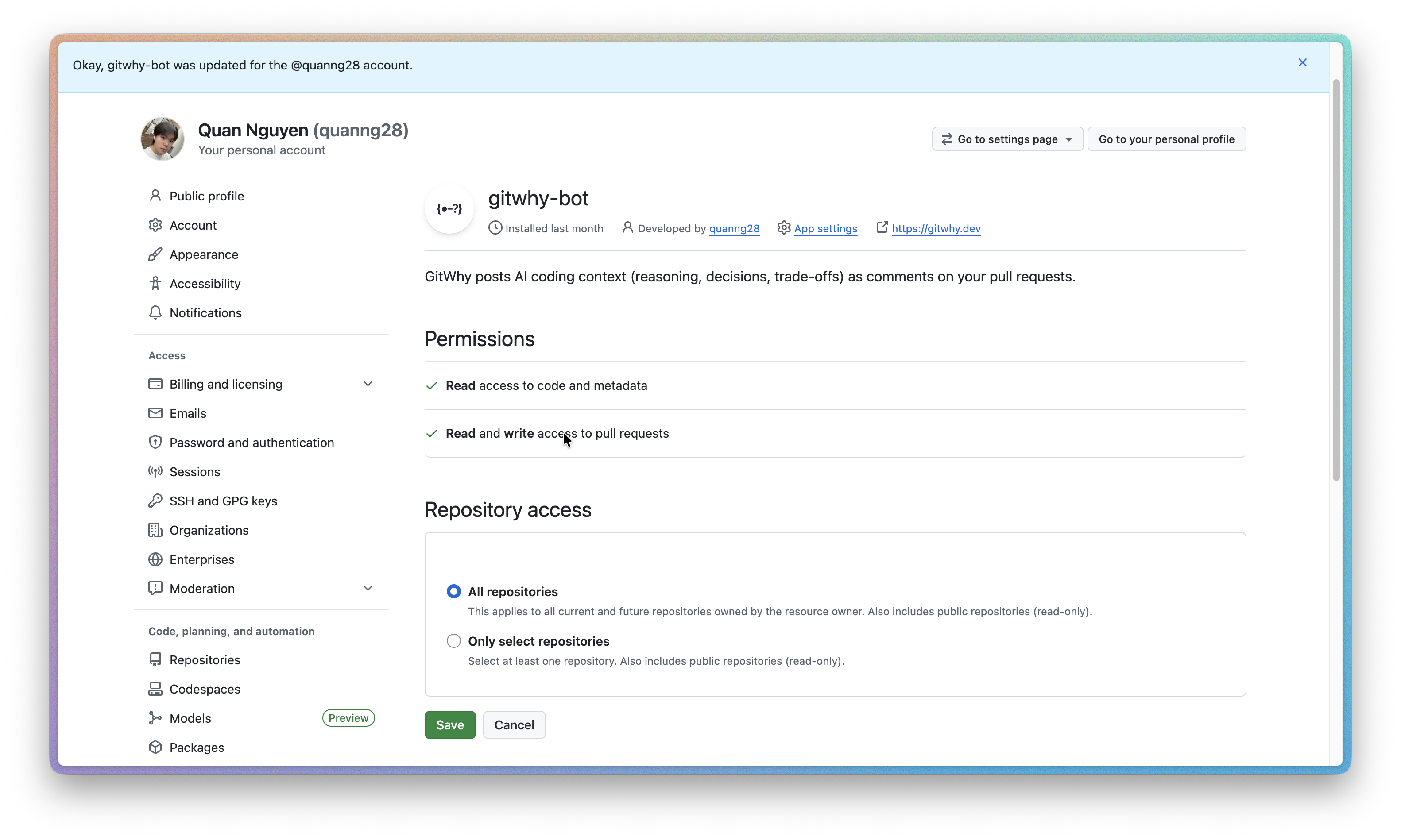 GitHub App installation showing permissions and repository access