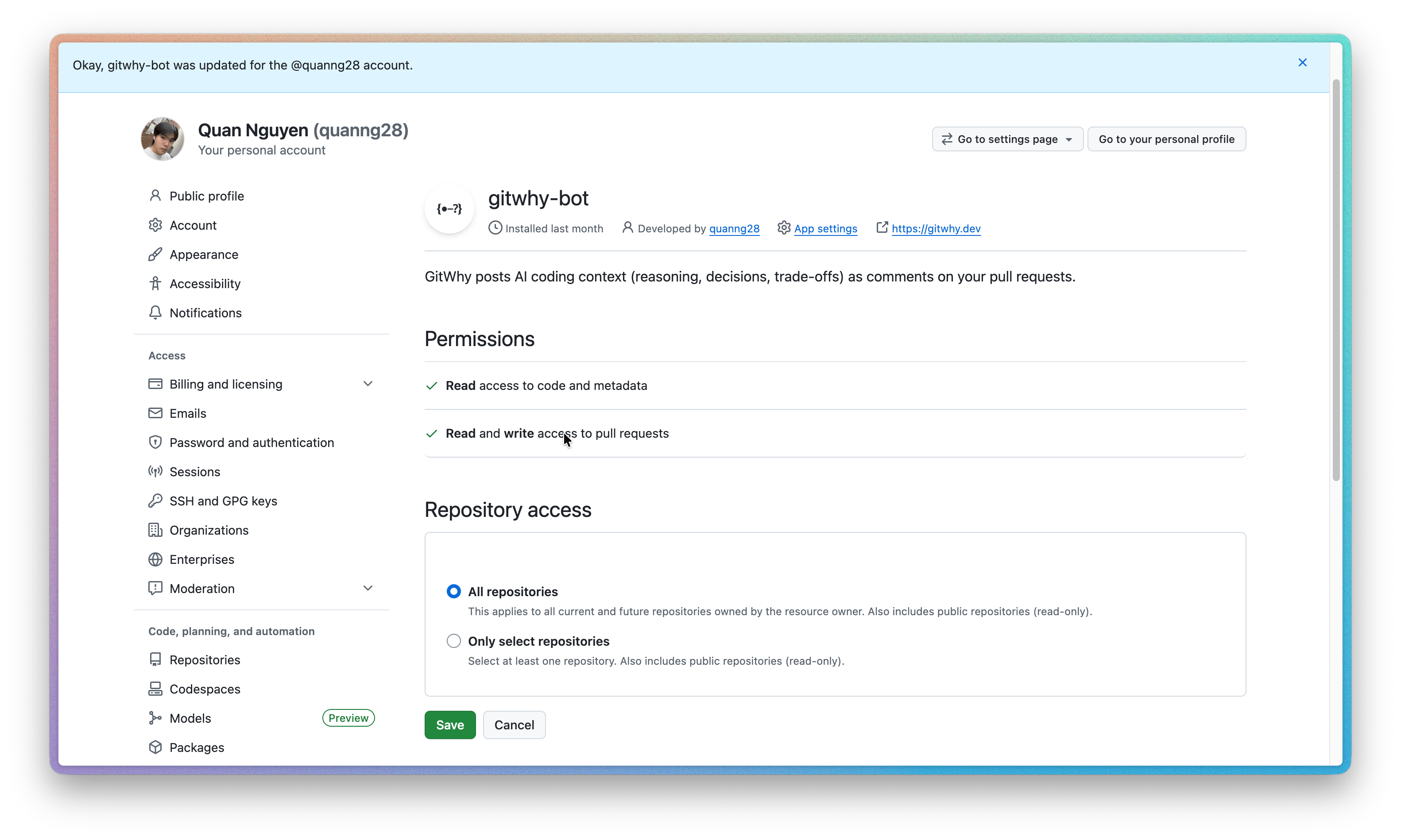 GitHub App installation showing permissions and repository access