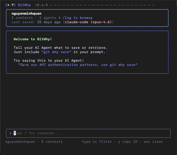 TUI home screen with repo summary and welcome message