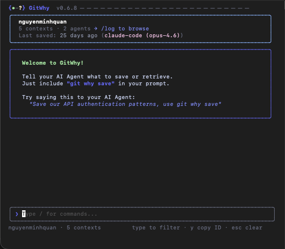 TUI home screen with repo summary and welcome message
