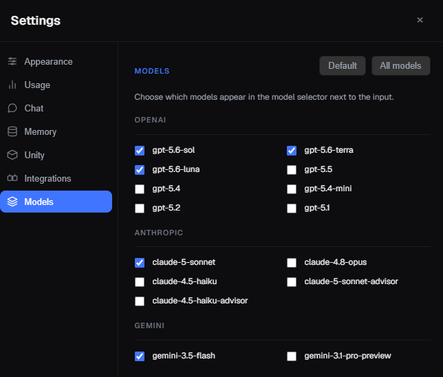 App Settings Window Model Options