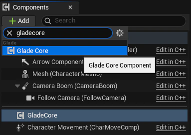 UE Add Glade Core Component To Character