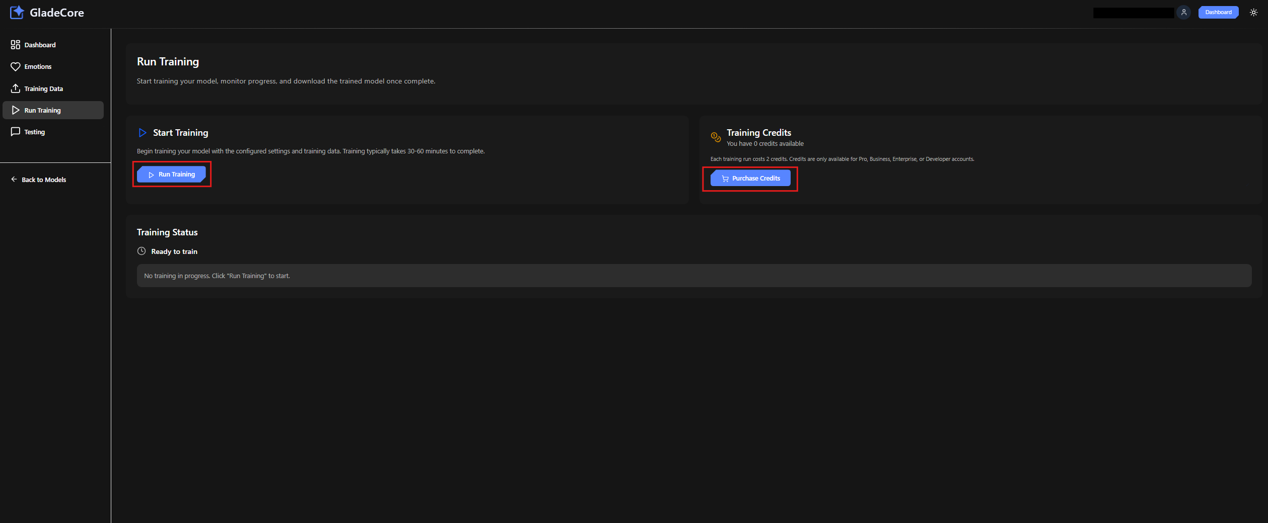 Web App Run Training Purchase Credits Buttons