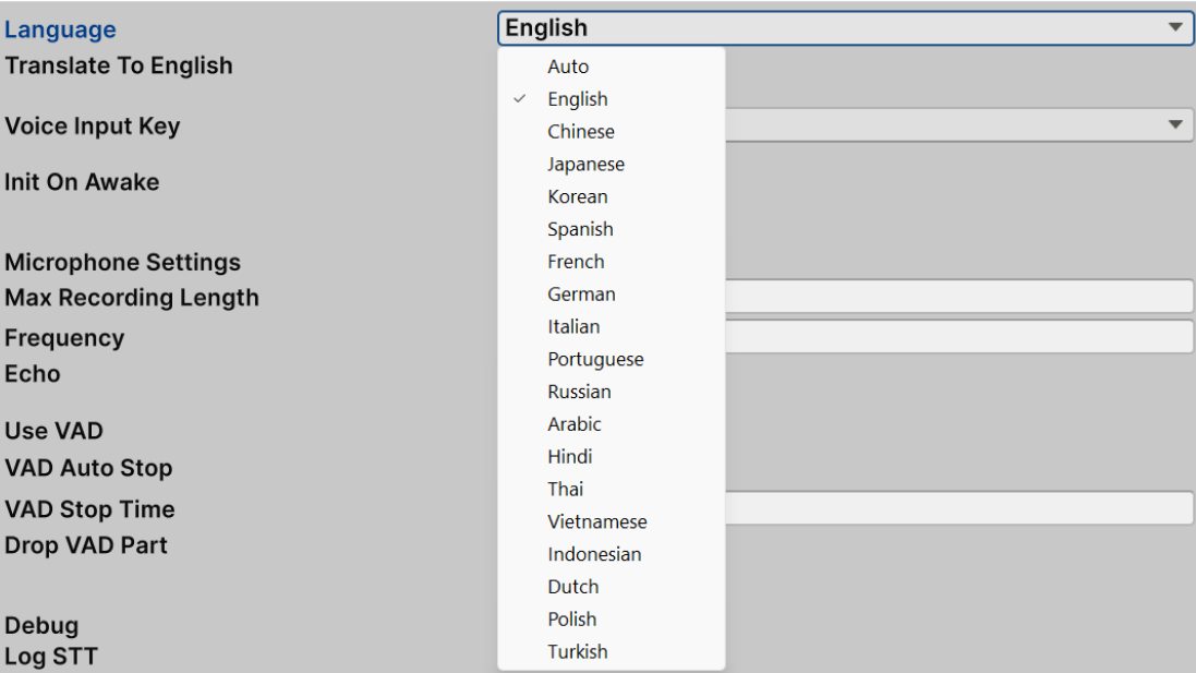 Unity STT Language Select English