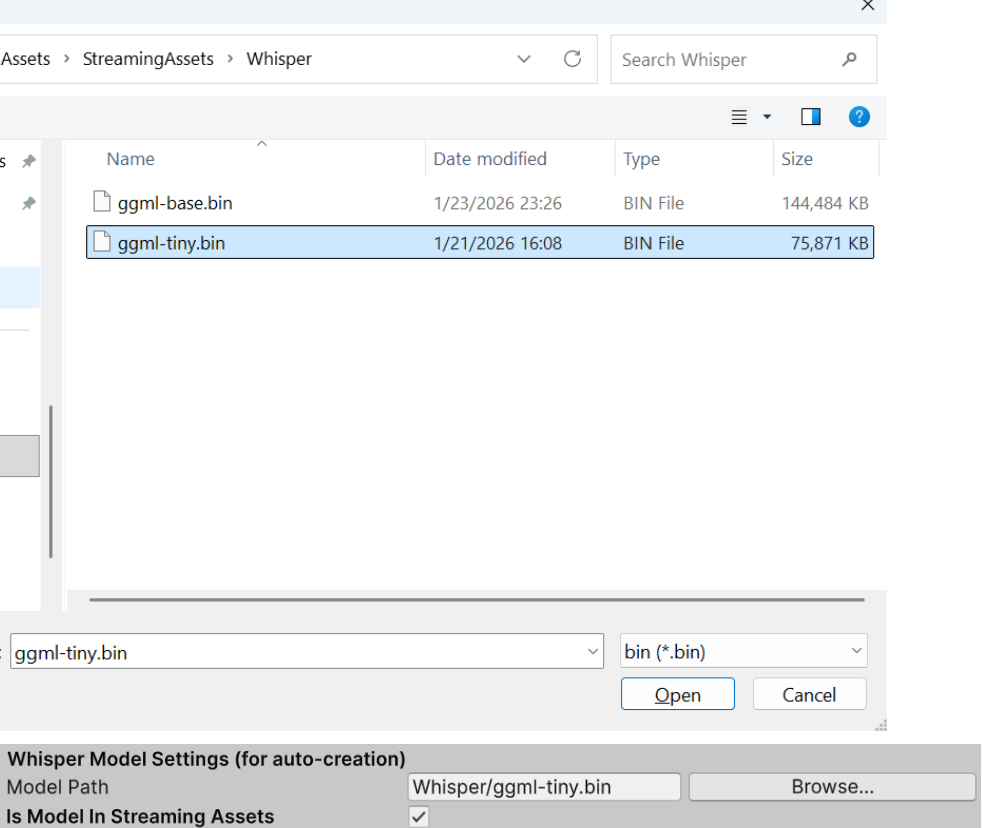 Unity Whisper Model Path Set GGML