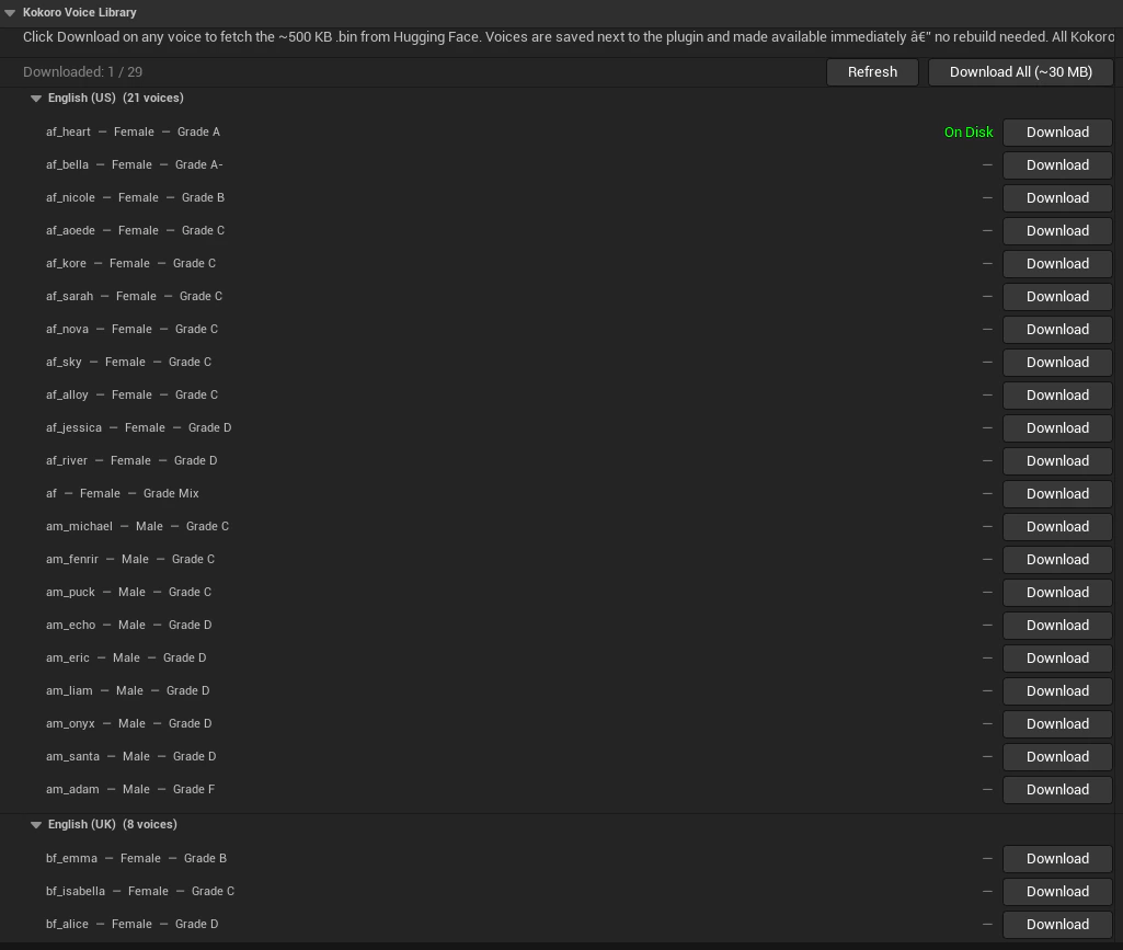 UE Kokoro Voice Library Project Settings