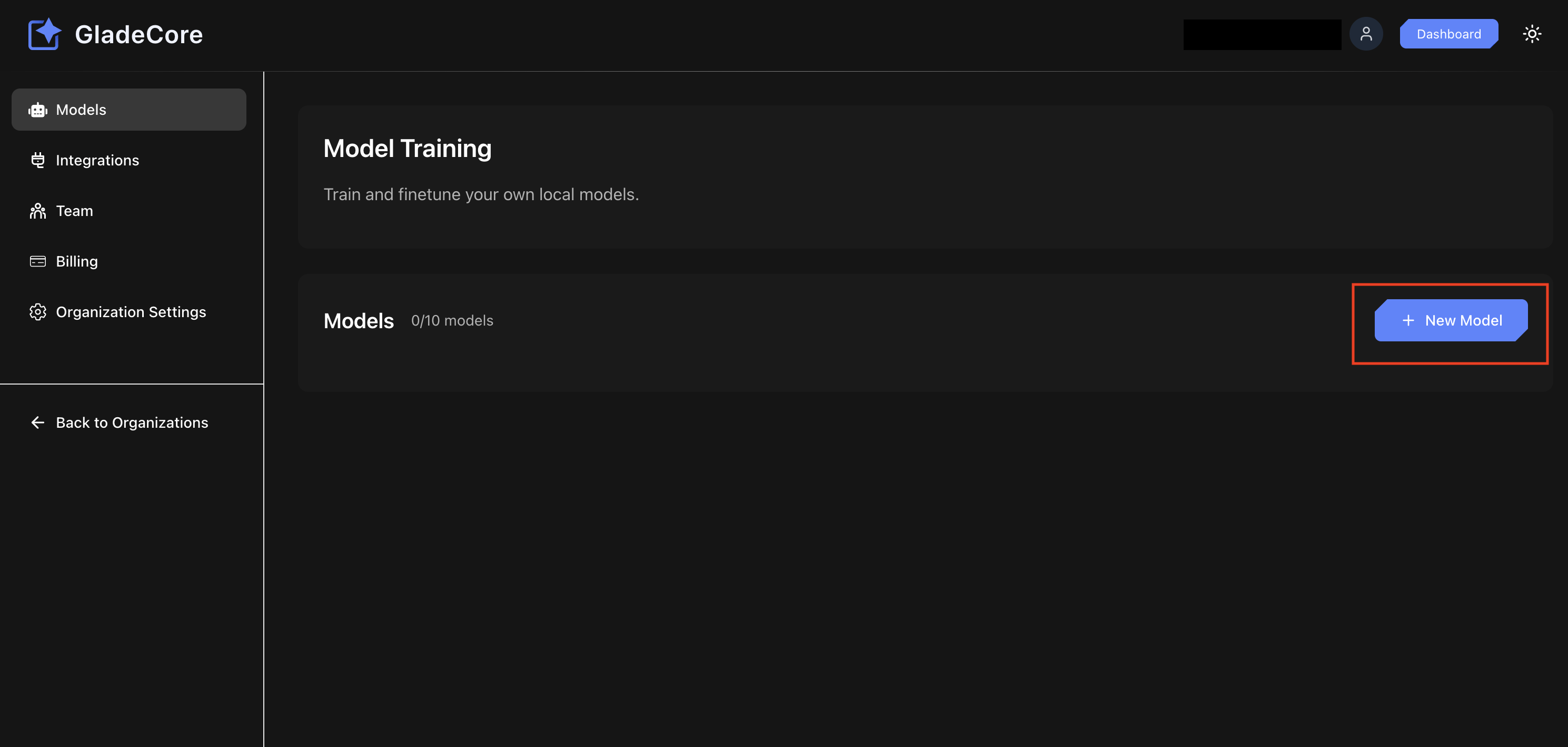 Web App Org Dashboard Create Model Button