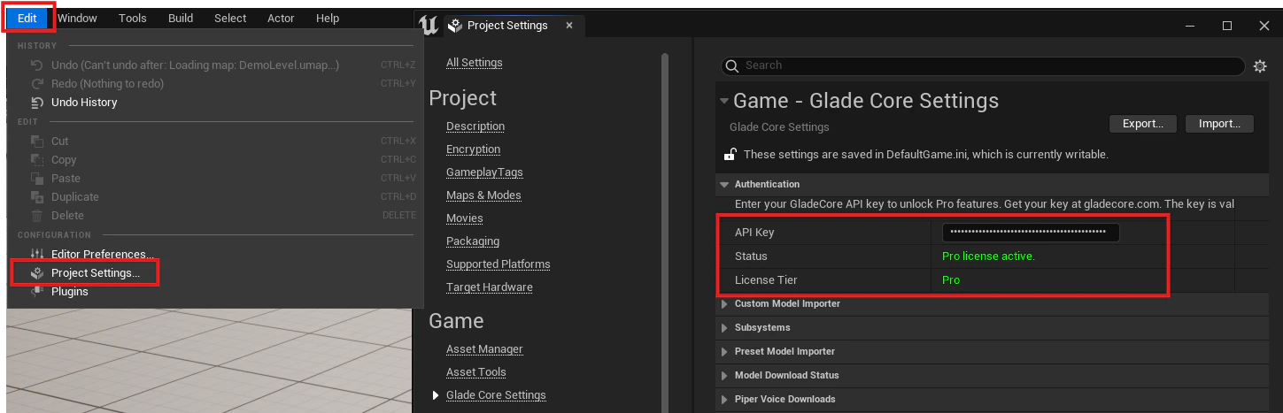 UE Glade Core API Key Settings Pn