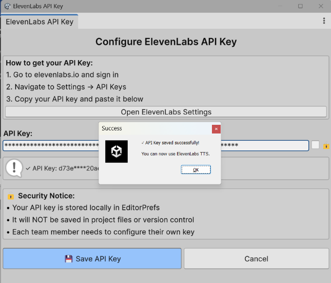 Unity TTS Config Eleven Labs Save API Key