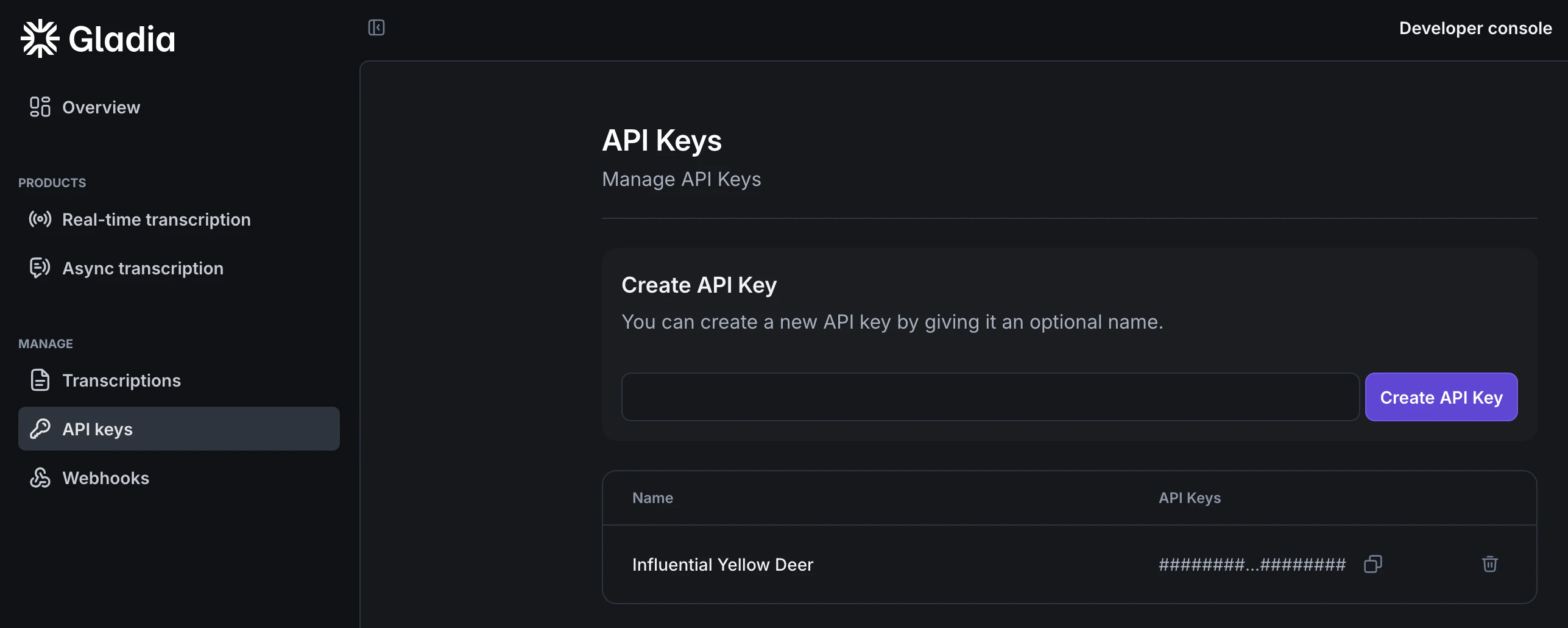 Gladia dashboard API keys page showing the location of the default key.