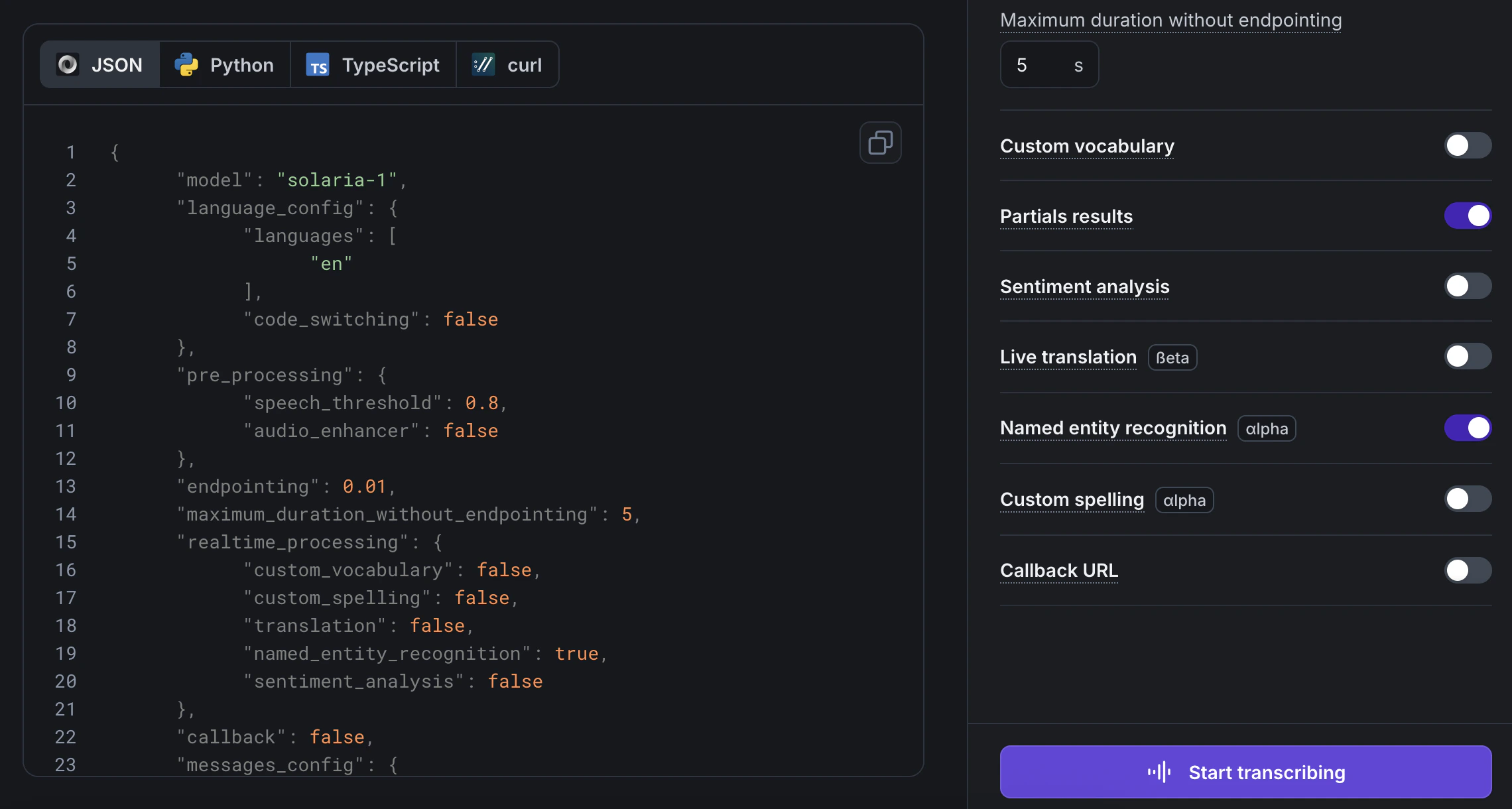 Gladia playground feature selection screen with transcription options enabled.